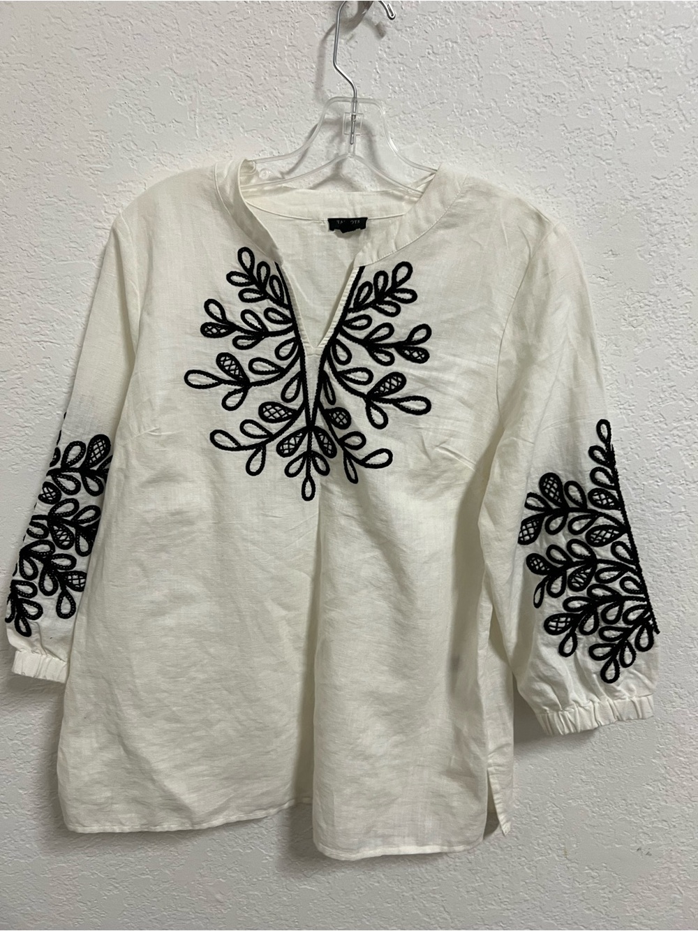 White Embroidered Linen Tunic Top with Black Leaf Motif